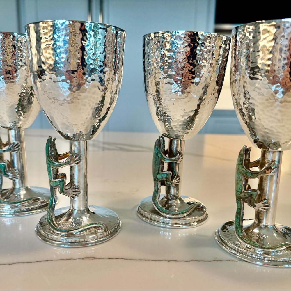 Rare Emilia Castillo Taxco Lizard Goblets Set of 4 Hammered Silver Plate - Picture 3 of 9